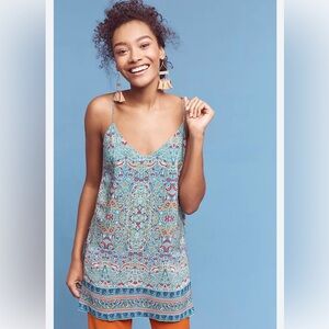 Maeve by Anthropologie 100% Silk Boho Green Floral Paisley Tunic Blouse Size 2